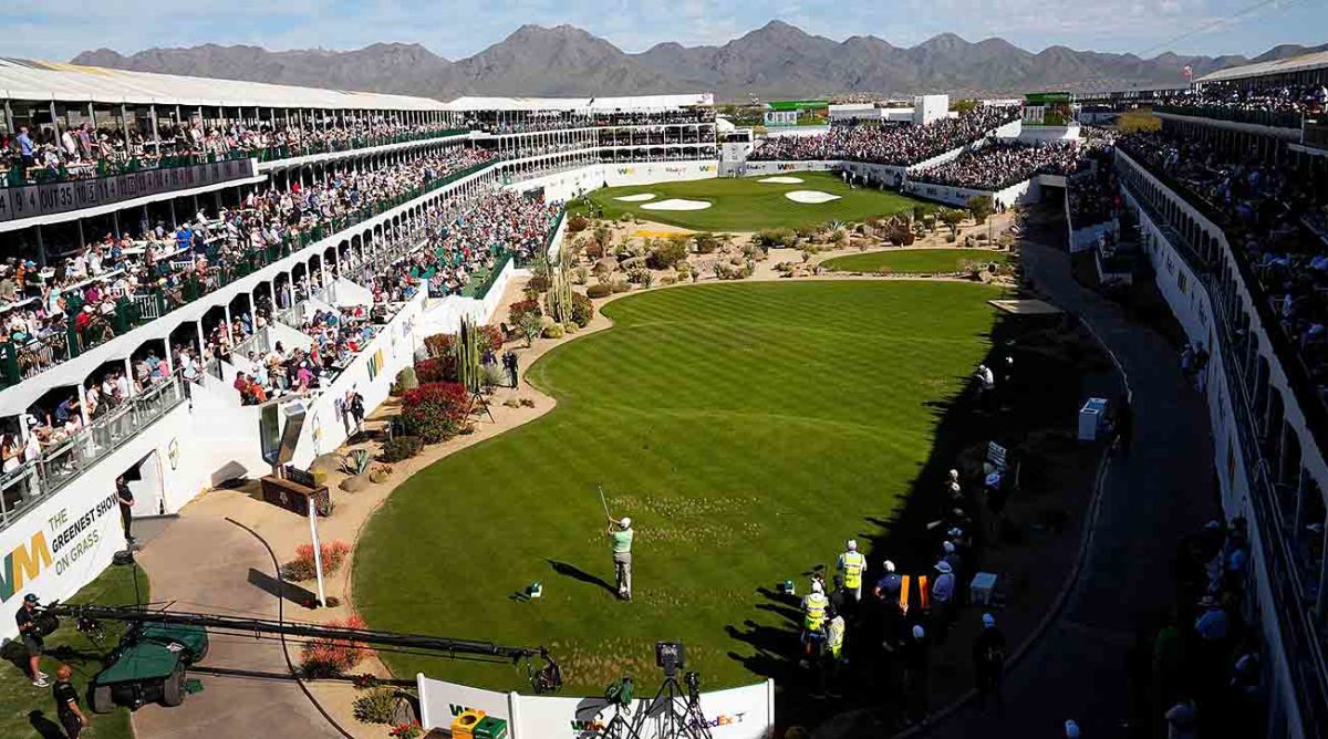 Charley Hoffman plays his tee shot on the 16th hole during the final round of the 2023 WM Phoenix Open at TPC Scottsdale.